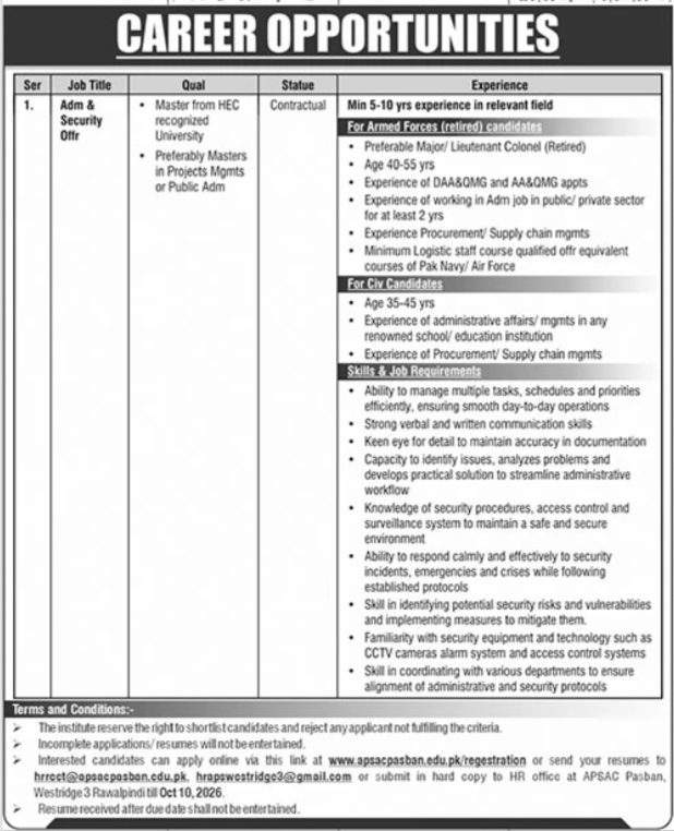 army public school college rawalpindi job sep 2026 advertisement