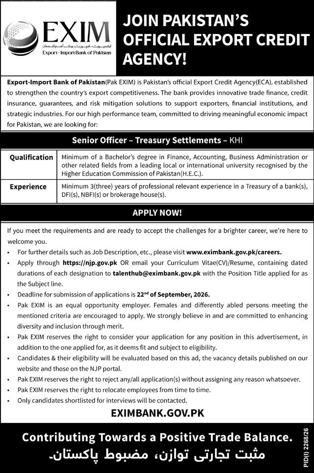 export import bank of pakistan karachi job september 2026 advertisement
