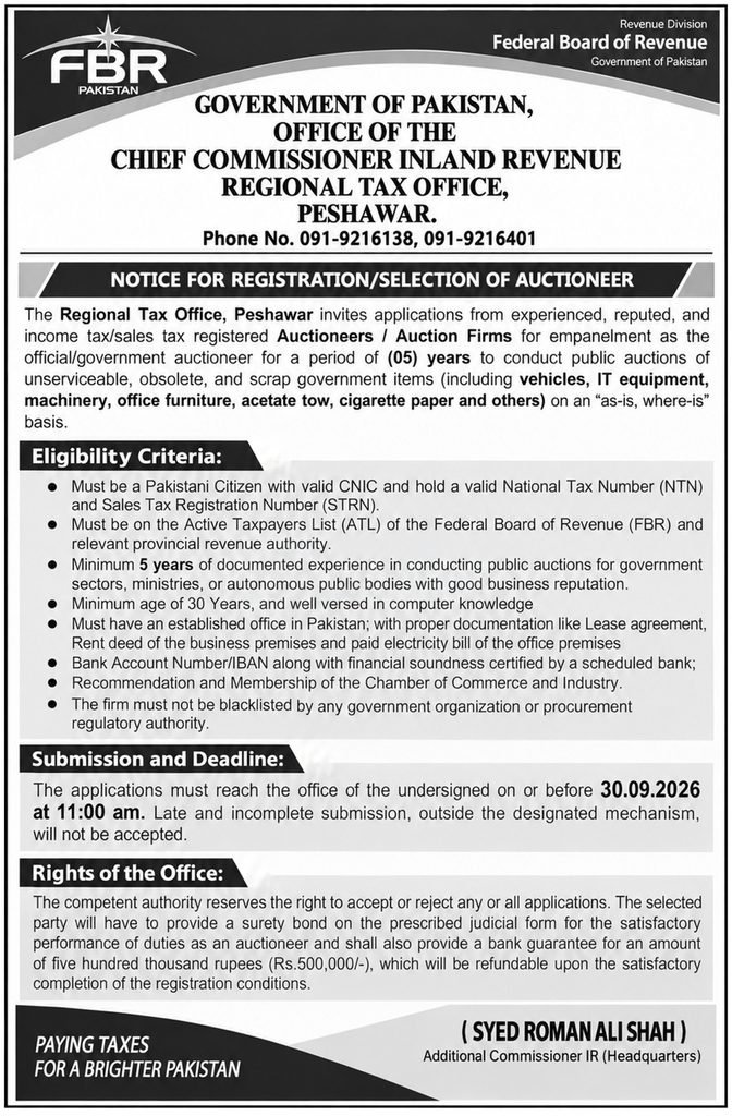 fbr peshawar job september 2026 advertisement