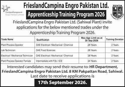 frieslandcampina engro apprenticeship september 2026 advertisement