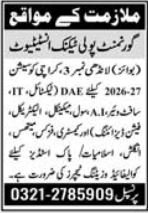 govt polytechnic institute karachi jobs sep 2026 advertisement