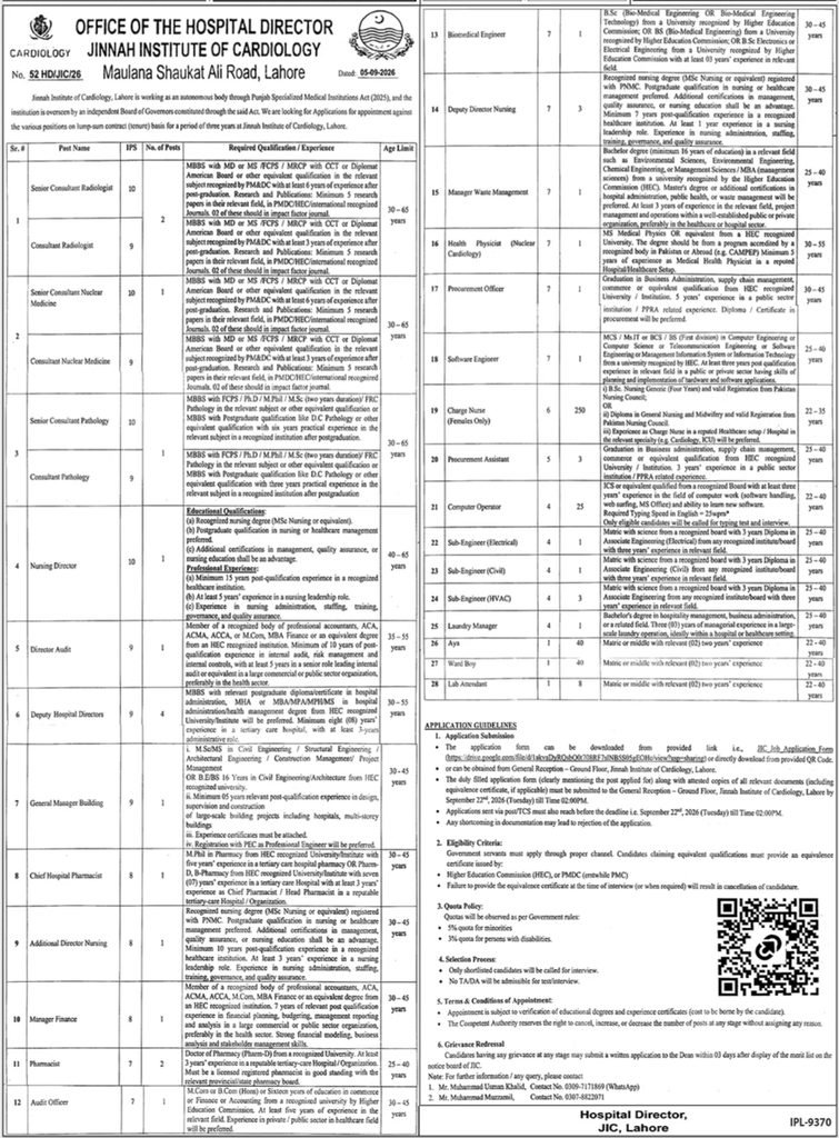 jic jinnah institute of cardiology lahore jobs september 2026 advertisement