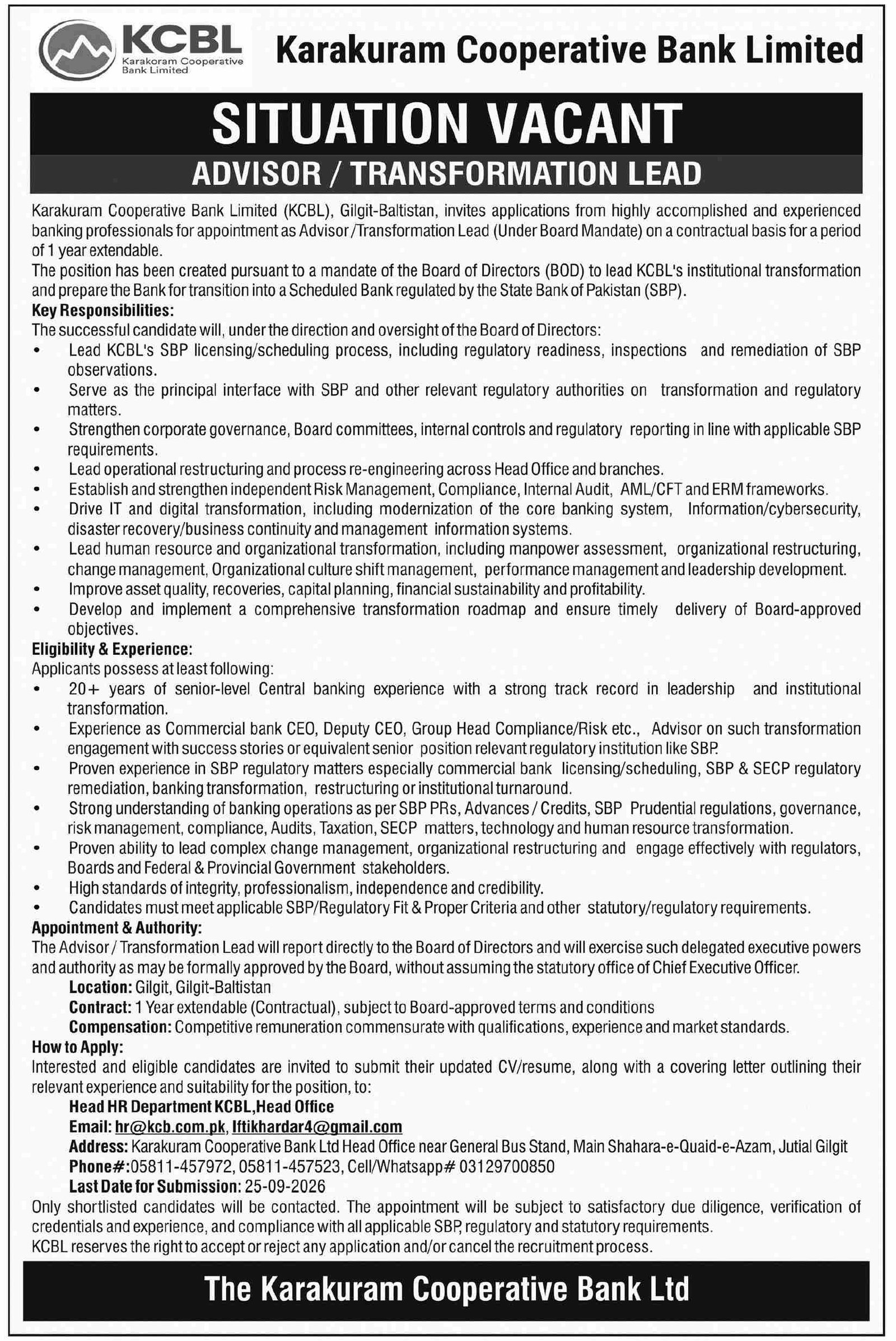 karakuram cooperative bank limited gilgit jobs september 2026 advertisement