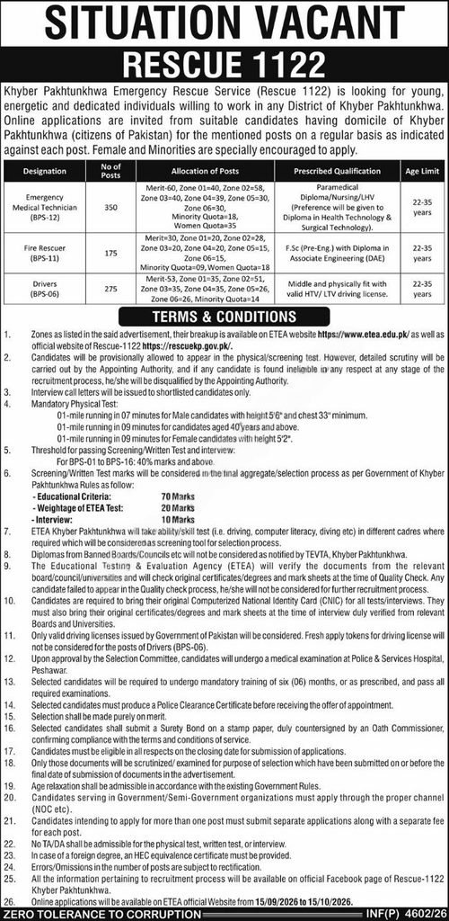 kpk emergency rescue service 1122 jobs september 2026 advertisement