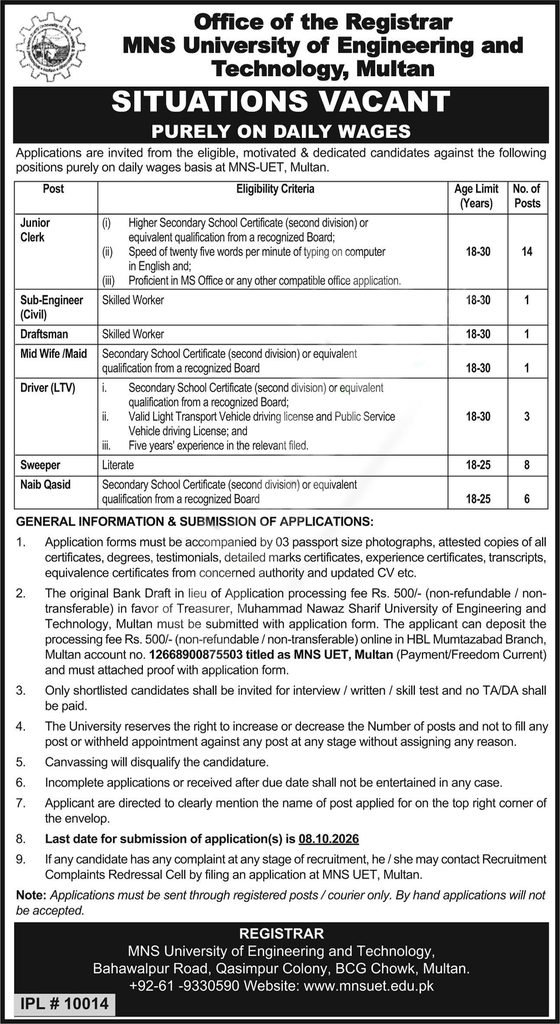 mns uet multan jobs september 2026 adverrtisement