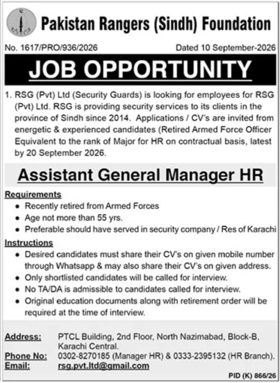 pakistan rangers sindh foundation job september 2026 advertisement