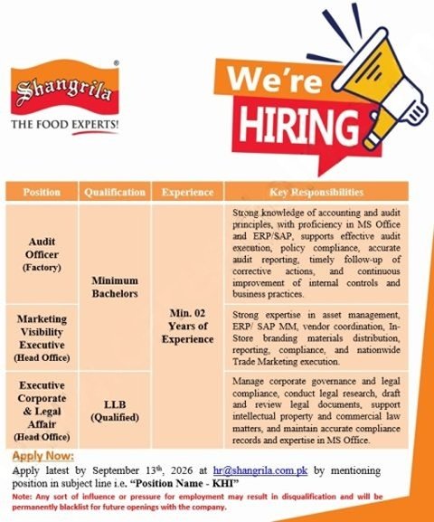 shangrila foods pvt ltd jobs september 2026 advertisement