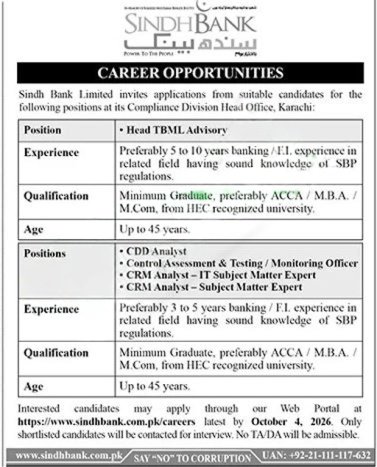 sindh bank jobs september 2026 advertisement