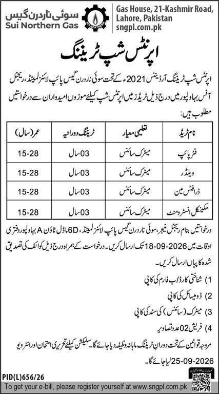 sui northern gas pipelines limited sngpl apprenticeship 2026 advertisement
