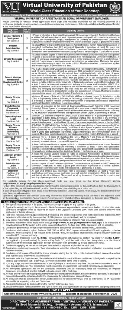 virtual university of pakistan september jobs 2026 advertisement