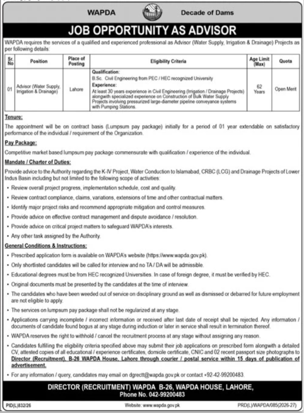 wapda advisor job october 2026 advertisement