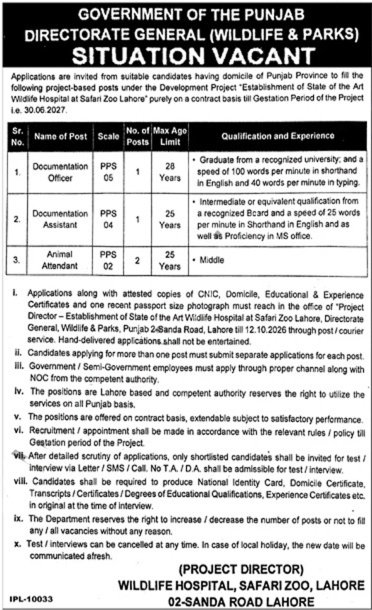 wildlife and parks punjab jobs october 2026 advertisement