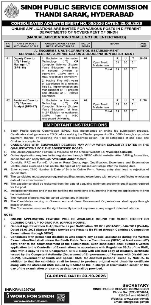 enquiries anti corruption establishment sindh jobs october 2026 advertisement
