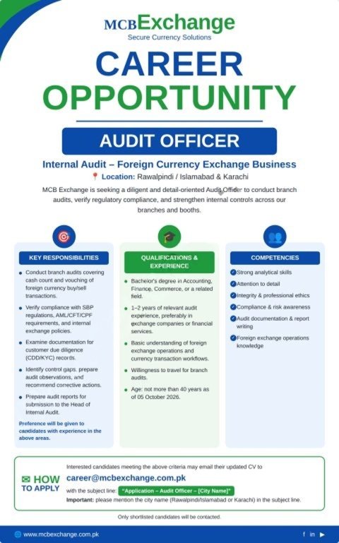 mcb exchange jobs october 2026 advertisement