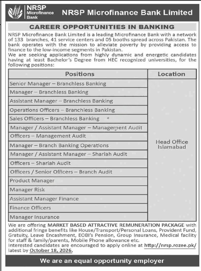nrsp microfinance bank ltd jobs october 2026 advertisement