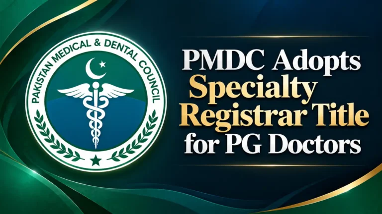 PMDC Adopts Specialty Registrar Title for PG Doctors PMDC logo beside a headline about the Specialty Registrar designation for postgraduate doctors.