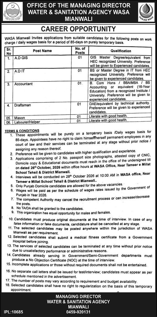 wasa mianwali jobs october 2026 advertisement